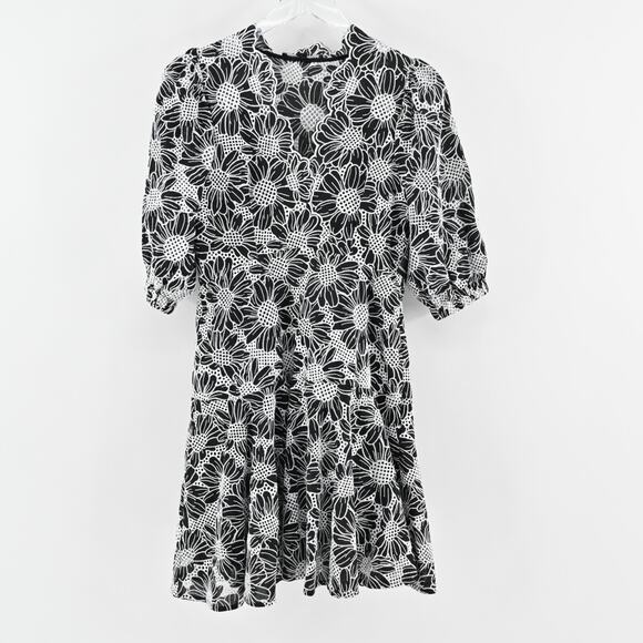 BOSTON PROPER Embroidered Dress Sz 6 Black White Floral Puff Sleeve Flounce Hem‎ - Picture 2 of 15